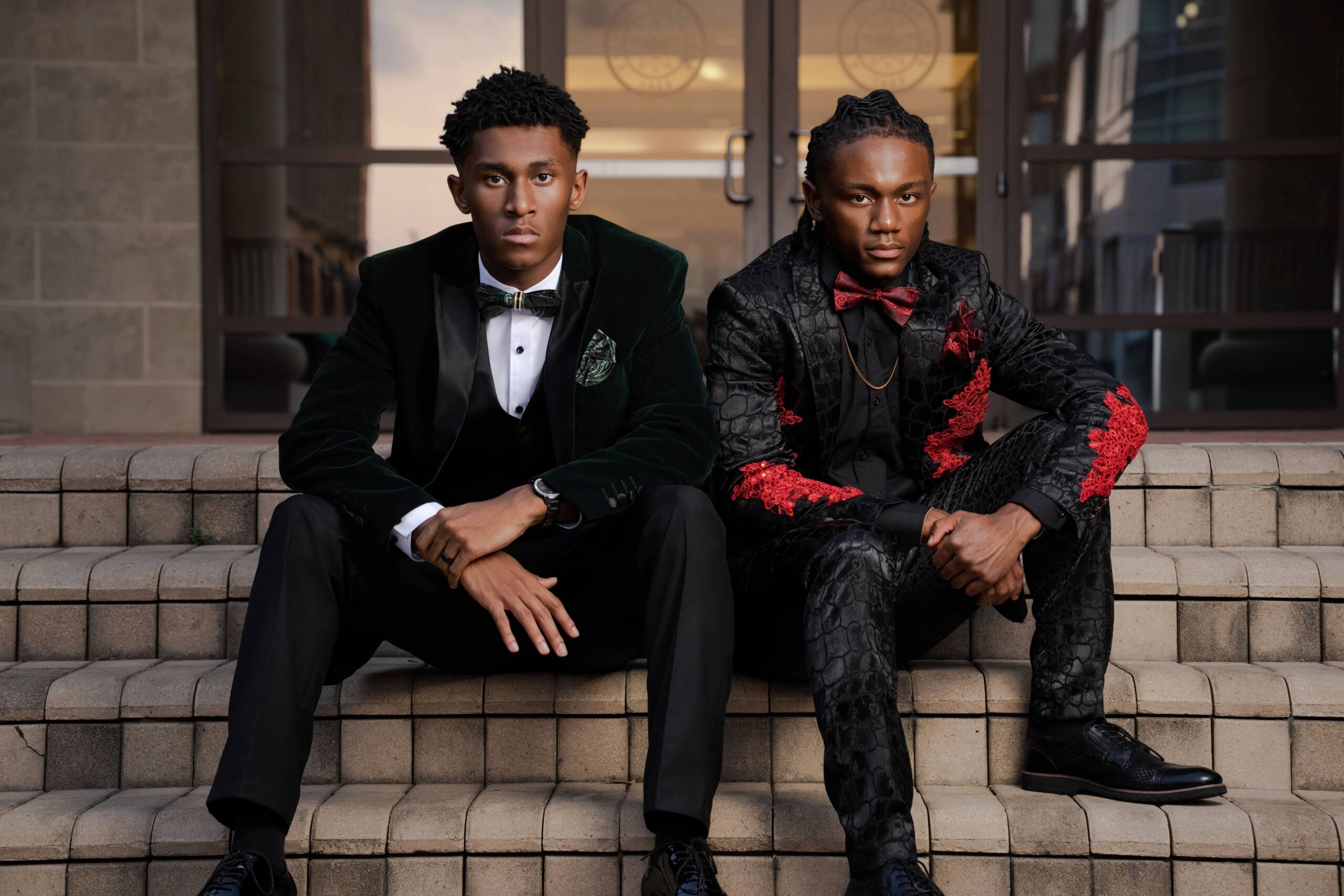 Editorial portrait of two men in formalwear, Houston, Texas